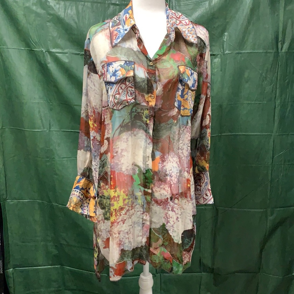 Vintage Concept L Multi colored Button down tunic shirt. Sheer fabric